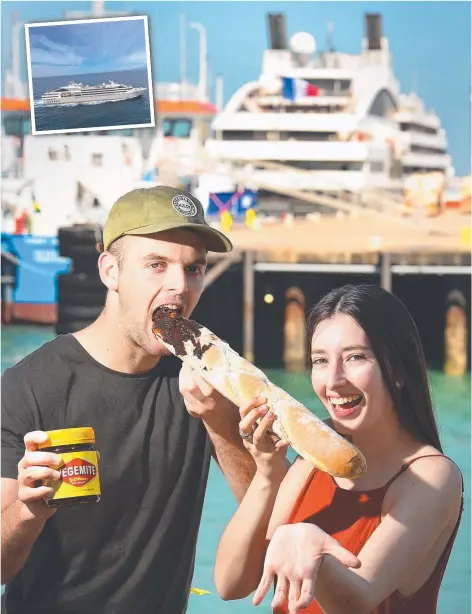  ?? Picture: PATRINA MALONE ?? Denzil Lincoln and Amy Speck welcome French vessel L’Austral as she docks in Darwin Port (background) and (inset) sister ship Le Soleal at sea