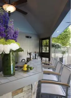  ?? PINPOINT PHOTOGRAPH­Y ?? An outdoor kitchen and bar that includes a beer tap, a chandelier and running water is just one of the options for backyard living spaces.