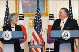  ?? Alex Brandon ?? The Associated Press Secretary of State Mike Pompeo speaks during a media availabili­ty Friday with South Korean Foreign Minister Kang Kyung-wha at the State Department.