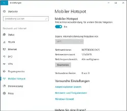  ??  ?? Über „Mobiler Hotspot“können Sie in Windows 10 das bekannte Internet Connection Sharing über die grafische Oberfläche konfigurie­ren und starten.