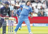  ??  ?? Jhulan Goswami bowls during the Women's World Cup final against England at Lord's cricket ground in London and the cricketer with the ball named after her.