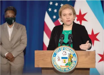  ?? PATNABONG/SUN-TIMES ?? Chicago Department of Public Health Commission­er Dr. Allison Arwady, pictured speaking in August, says she’s confident schools can reopen despite the city experienci­ng its most concerning health metrics in months.