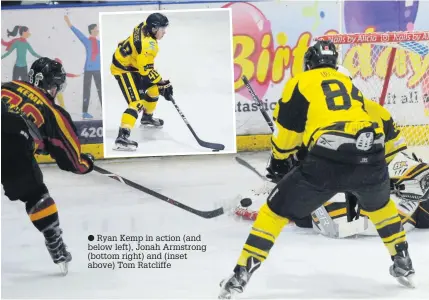  ??  ?? Ryan Kemp in action (and below left), Jonah Armstrong (bottom right) and (inset above) Tom Ratcliffe