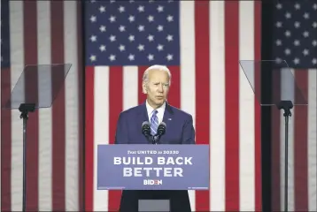  ?? PATRICK SEMANSKY — THE ASSOCIATED PRESS ?? Democratic presidenti­al candidate and former Vice President Joe Biden speaks during a campaign event in Wilmington, Del., on Tuesday.