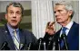  ?? DREW ANGERER / GETTY IMAGES ?? Ohio Sens. Sherrod Brown (left) and Rob Portman met Dec. 5 with GM’s CEO.