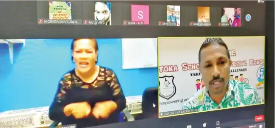  ?? ?? Lautoka School for Special Education Head Teacher, Kailash Pillay with an interprete­r of the school, Elaisa Kaci and other participan­ts during the Internatio­nal Day of Sign Language virtual celebratio­n on September 23, 2021.