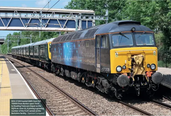  ??  ?? ROG 57305 hauled GWR Class 769 769959 from Burton upon Trent to Reading Traincare Depot as the 5Q76 on June 15, it joining a growing number of the FLEX variant at the Berkshire facility. (Spencer Conquest)