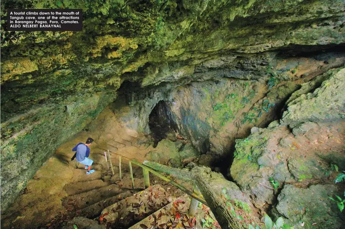  ?? ALDO NELBERT BANAYNAL ?? A tourist climbs down to the mouth of Tangub cave, one of the attraction­s in Barangay Pagsa, Poro, Camotes.