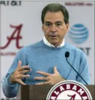  ?? ASSOCIATED PRESS FILE ?? Alabama coach Nick Saban speaks to the media in Tuscaloosa, Ala. University trustees approved a three-year extension through the 2024 season for Saban that could pay him at least $65 million over the next eight years.
