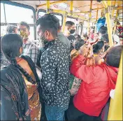  ?? PTI ?? Passengers board a DTC bus in New Delhi on Sunday