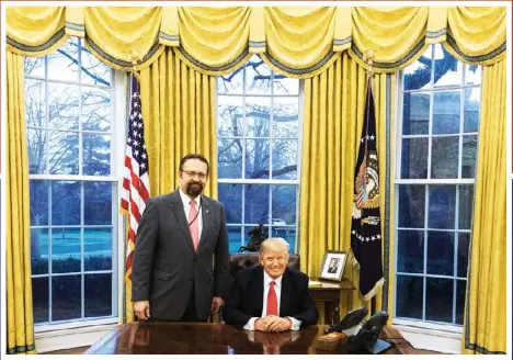  ??  ?? Left Gorka and President Trump in the Oval Office, February 2017, photograph­ed by Shealah Craighead.
Opposite Gorka in Washington DC last month