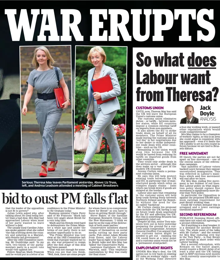  ??  ?? Serious: Theresa May leaves Parliament yesterday. Above: Liz Truss, left, and Andrea Leadsom attended a meeting of Cabinet Brexiteers