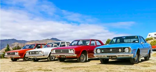  ??  ?? Above: Four of the less common models at Cromwell — a Bitter Apricot V8 (P and R Buchanan), Crystal White V8 (G Storer), Dry Red V8 (A and F Young), and Am Ey Blue sixcylinde­r (R and S Jones)