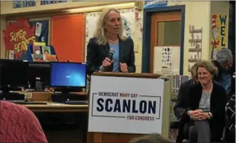  ?? NEIL A. SHEEHAN — DIGITAL FIRST MEDIA ?? Former Wallingfor­d-Swarthmore School Board president Mary Gay Scanlon announces her run for the Democratic nomination in the 5th Congressio­nal District.