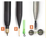  ??  ?? 1. Loaded waggler 2. Unloaded with float adaptor 3. Use fine silicone tubing to protect reel line when nipping on shot