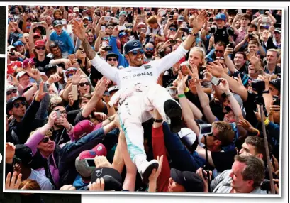  ?? GETTY ?? Men of the people: Hamilton crowdsurfs after his famous 2016 Silverston­e win (top), as Fangio gives a thumbs up in 1952