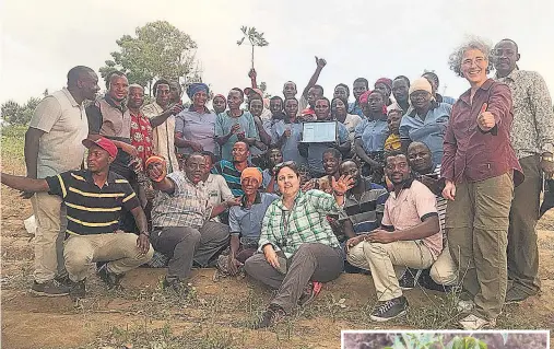  ?? PHOTOS: SUPPLIED ?? Big advance . . . University of Otago researcher JoAnn Stanton (standing, far right) and a team of researcher­s and farmers involved in a cropsaving scientific project, at a farm in northern Tanzania, including Peter Sseruwagi (standing, far left) and Joseph Ndunguru (kneeling at front, second from left), from the Mikocheni Agricultur­al Research Institute, and Laura Boykin (kneeling front, centre) from the University of Western Australia. Right: These cassava plants show signs of mosaic virus infection, which can cause crop failure on East African subsistenc­e farms.