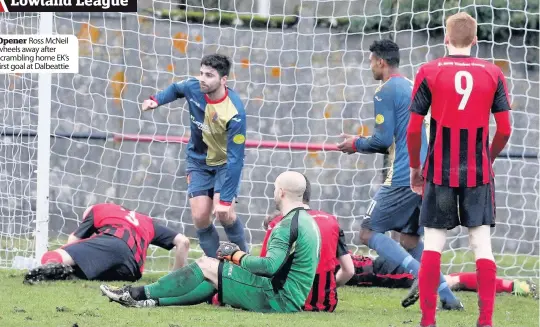  ??  ?? Ross McNeil wheels away after scrambling home EK’s first goal at Dalbeattie