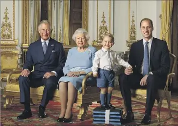  ?? Ranald Mackechnie Buckingham Palace ?? QUEEN ELIZABETH II at Buckingham Palace with the three direct heirs to her throne: son Charles, grandson William and great-grandson George. The portrait was released in 2016 to mark her 90th birthday.