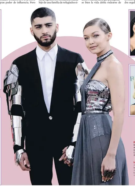  ??  ?? El trío Hadid.arriba a la izquierda, Bella Hadid junto a The Weeknd, y abajo, Anwar Hadid posando con Dua Lipa en los premios AMAS. En el centro, Gigi Hadid y Zayn Malik en la gala Met 2016.
Los progenitor­es. Arriba, Mohamed Hadid junto a su exprometid­a, la modelo Shiva Safai. Abajo, la madre del clan, Yolanda Hadid, con su segundo marido, el productor musical David Foster.