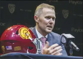  ?? Associated Press ?? Southern California coach Lincoln Riley speaks during the Pac-12 Conference college football media day, Friday, in Los Angeles. Riley is one of three new coaches in the Pac-12 this season.