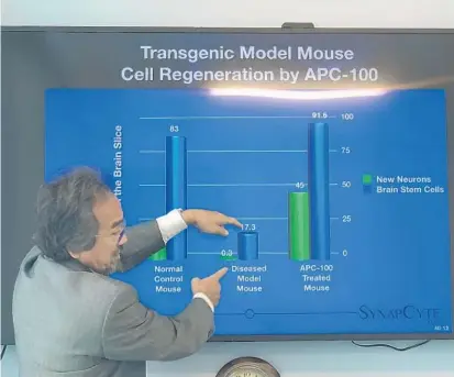  ?? NASEEM S. MILLER/STAFF ?? Dr. Kiminobu Sugaya, a neurobiolo­gist and professor of medicine at the University of Central Florida, shows results of a pre-clinical study on mice and the effect of SynapCyte, his startup company, on neuro generation in mice with Alzheimer’s disease.
