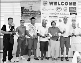  ??  ?? Photo shows some of the winners with their trophies (from left) Col. Vince Batac (Class C runner-up); Capt. Willy Rigor (most accurate drive); Jomz Gomez (low gross champion); Rey Bancod (Class B champion); Alex Magno (Class A runner-up); Conrad Banal (Class B runner-up); and Nilo Paurom (Class C champion). Other winners are Ding Marcelo, Jet Villacorta and Gen. Conrad Capa. The Plaridel Golf Cup is an annual golf tournament of the Associatio­n of Philippine Journalist­s-Samahang Plaridel Foundation Inc.