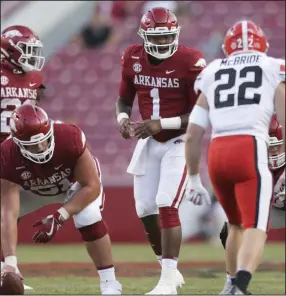  ?? (NWA Democrat-Gazette/Charlie Kaijo) ?? KJ Jefferson (1) is among three remaining scholarshi­p returnees at quarterbac­k for the Razorbacks, and his solid play in his lone start against Missouri puts him ahead of the competitio­n for the starting job.