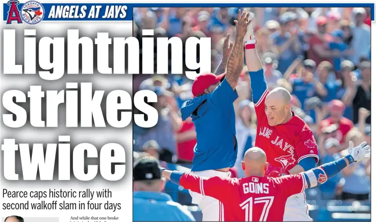  ?? FRED THORNHILL/THE CANADIAN PRESS ?? Blue Jays’ Steve Pearce high-fives with teammate Marcus Stroman after hitting his second walkoff grand slam in less than a week yesterday to stun the Los Angeles Angels 11-10.