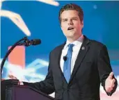  ?? PHELAN M. EBENHACK/AP ?? Rep. Matt Gaetz, R-Fla., addresses attendees during the Turning Point USA Student Action Summit on July 23 in Tampa.