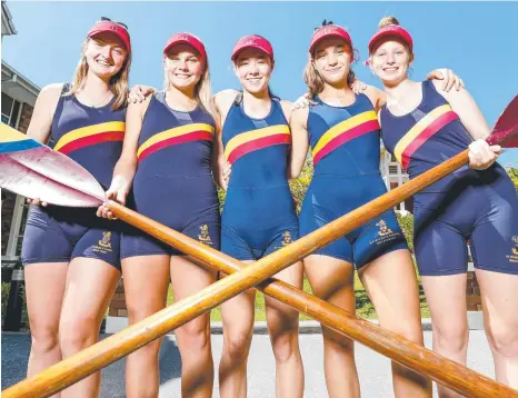  ?? Picture: TIM MARSDEN ?? St Hilda's Under 17, coxed quad team (from left) Amelya Brooks, Clementine Sweetland, Olivia Cook, Grace Crowther and Zoe Morison are competing in the Sydney Internatio­nal Rowing Regatta.