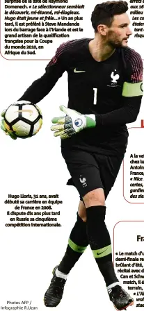  ??  ?? Hugo Lloris,  ans, avait débuté sa carrière en équipe de France en . Il dispute dix ans plus tard en Russie sa cinquième compétitio­n internatio­nale.