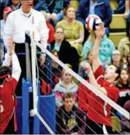  ?? JOHN BREWER - ONEIDA DAILY DISPATCH ?? Senior outside hitter Seth Spurgeon looks to get past VVS blockers.