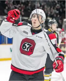  ?? VALERIE WUTTI ?? Sasha Chmelevski of the 67’s celebrates after scoring a short-handed goal in the second period against the Sarnia Sting on Sunday. It turned out to be the game-winning goal as the 67’s won 4-3.
