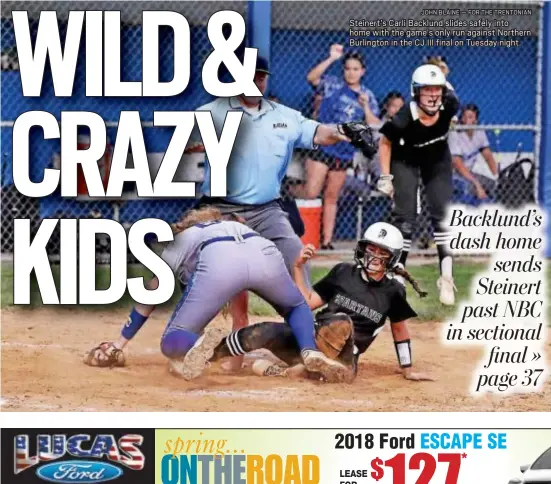  ?? JOHN BLAINE — FOR THE TRENTONIAN ?? Steinert’s Carli Backlund slides safely into home with the game’s only run against Northern Burlington in the CJ III final on Tuesday night.