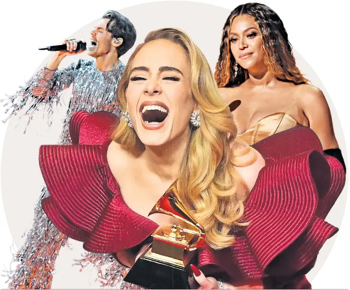  ?? ?? Adele, Beyonce and Harry Styles at the 65th Annual Grammy Awards in Los Angeles