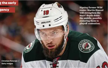  ??  ?? Signing former Wild center Martin Hanzal will strengthen the Stars’ depth down the middle, possibly restoring them to playoff contention. Christian Petersen / Getty Images