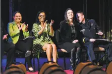  ?? Michael Short / Special to The Chronicle ?? Oakland City Administra­tor Sabrina Landreth (left), Police Commission Chair Regina Jackson, Mayor Libby Schaaf and Acting Police Chief Darren Allison attend a police academy graduation ceremony in February.