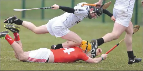  ??  ?? Michael O’Regan, Warwickshi­re receives a yellow card for this challenge on Louth’s Niall Arthur.