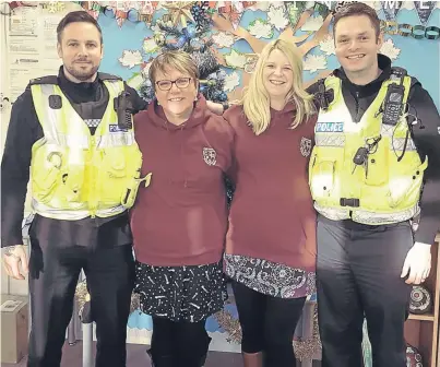  ??  ?? From left: PC Kev Chandler, head teacher Fiona Hill, depute head Georgette Price and PC Ian Fraser.