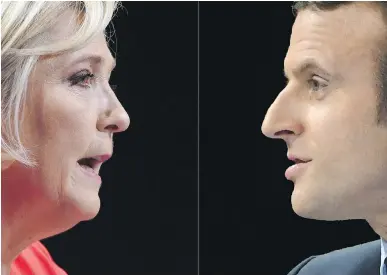  ?? GUILLAUME SOUVANT, ERIC FEFERBERG/AFP/GETTY IMAGES ?? Far-right Front National (FN) candidate for the presidenti­al election Marine Le Pen, left, and the candidate for the En Marche! movement, Emmanuel Macron, go head-to-head in France’s election on May 7.