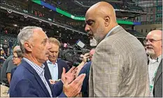  ?? RON BLUM / AP ?? MLB Commission­er Rob Manfred and MLB Players Associatio­n executive director Tony Clark speak before Game 1 of the World Series on Oct. 26 in Houston.