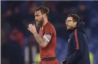  ?? AFP ?? Roma’s Daniele De Rossi and coach Eusebio Di Francesco during the Champions League match against Qarabag. —