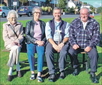  ??  ?? Sheila on the left in October 2015 across from the Argentine Hotel in Whiting Bay, with early supporters of the League, left to right, Sandra Hall, John Pennycott and Neilie McKechnie.