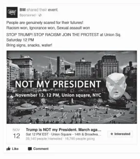  ??  ?? This Facebook post was placed by a Russian group hoping to sow discord after last year’s election. Tens of thousands showed up for the protest. FACEBOOK