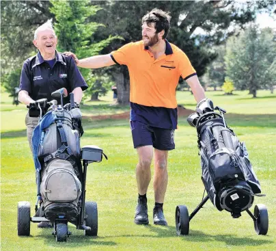  ?? PHOTO: CHRISTINE O’CONNOR ?? Experience versus youth . . . Bill Graham (left) and Sam Miller play a practice round in Ranfurly yesterday in preparatio­n for today’s Maniototo Golf Club Junior B final.