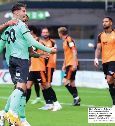  ?? PICTURES: DAN WESTWELL ?? Notts County’s Ruben Rodrigues celebrates making it 2-0 during the National League match against Barnet at the Hive.