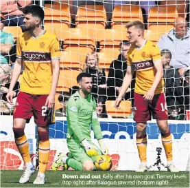  ?? ?? Down and out Kelly after his own goal. Tierney levels (top right) after Balogun saw red (bottom right)