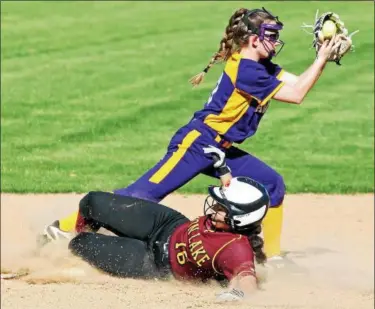  ?? RANDY MEYERS — THE MORNING JOURNAL ?? Avon Lake’s Kassidy Melton is forced out at second base by Avon infielder Amanda Demerele.