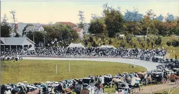  ?? ELLIS LITTLE LOCAL HISTORY ROOM, WATERLOO PUBLIC LIBRARY ?? Left: A postcard shows the bicycle track, baseball field and grandstand at the park during a 1915 event.